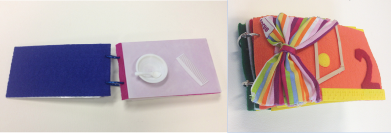 There are two images. One is of a 3D printed book page with a 3D bowl and a brush, and the second images is of the outside of the 3D printed book. It has a curtain and the number two on it. 
