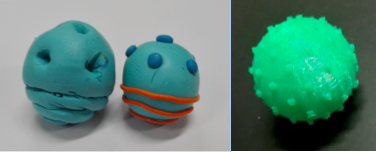  Picture of spheres made with clay and plastic with textures on the surface.